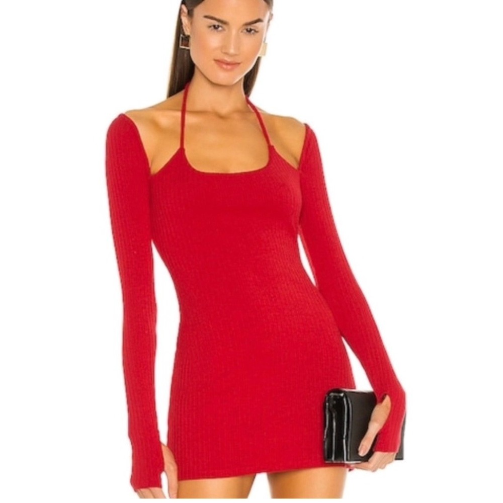 H:ours Mini Dress Halter‎ Off Shoulder Size S Red Ribbed Thumbhole Revolve